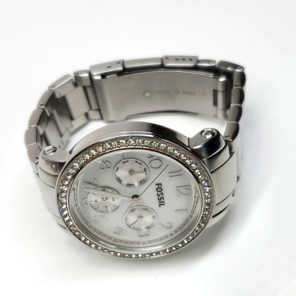 Fossil Watch ES2967 Silver Steel  Wristband Crystal Bezel Multifunction Watch